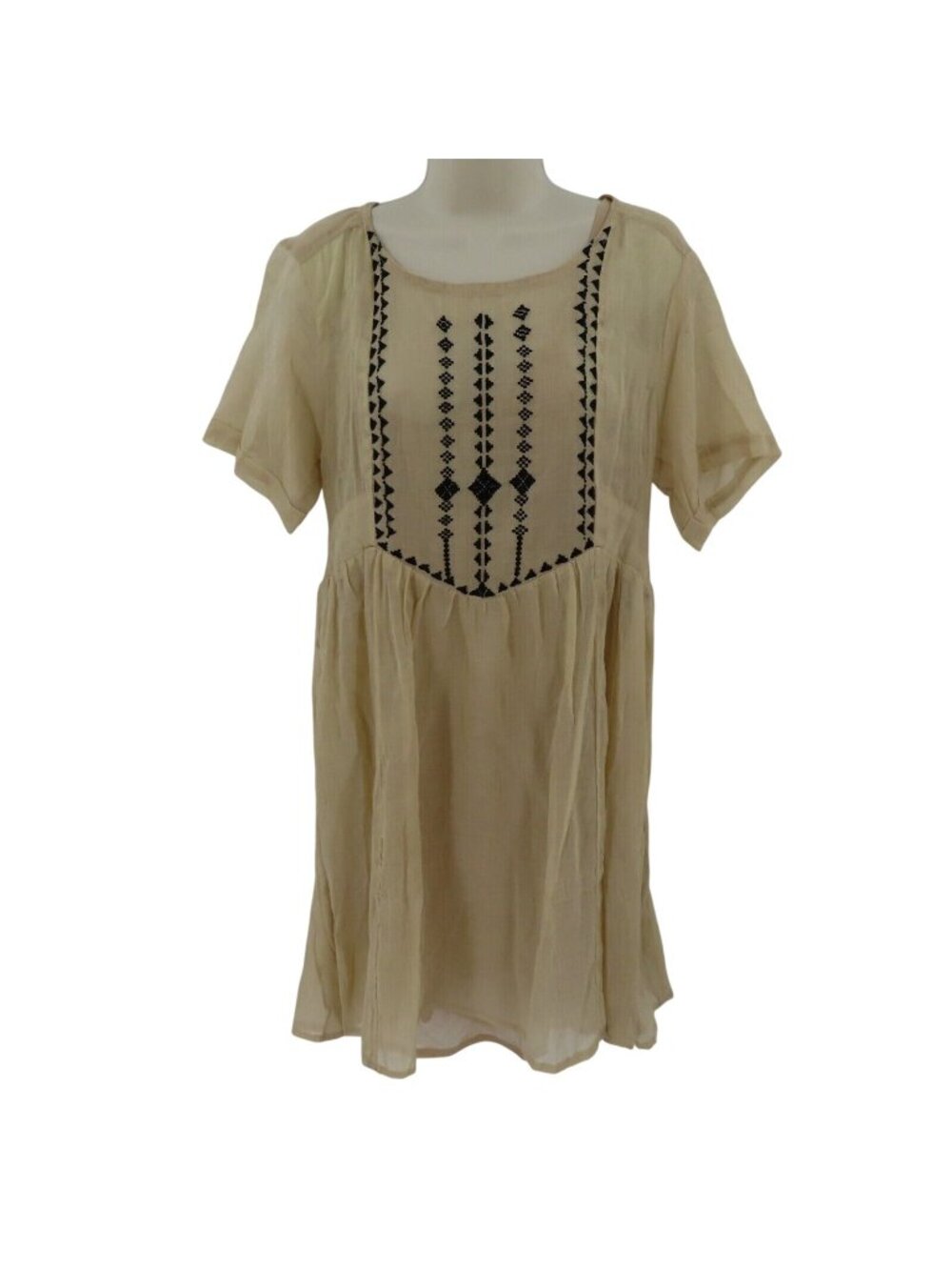 Raven + Lily Womens Small Beige Black Embroidered Cutout Back Short Sleeve Dress